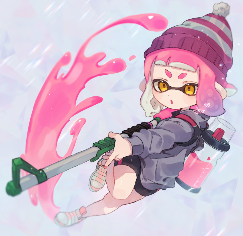 1girl :o bangs beanie black_shorts grey_sweater hat highres ink_tank_(splatoon) inkling inkling_girl long_sleeves mikoshiba_m pink_hair pointy_ears shoes short_hair short_shorts shorts sneakers splashing splat_charger_(splatoon) splatoon_(series) sweater tentacle_hair v-shaped_eyebrows white_background white_footwear yellow_eyes