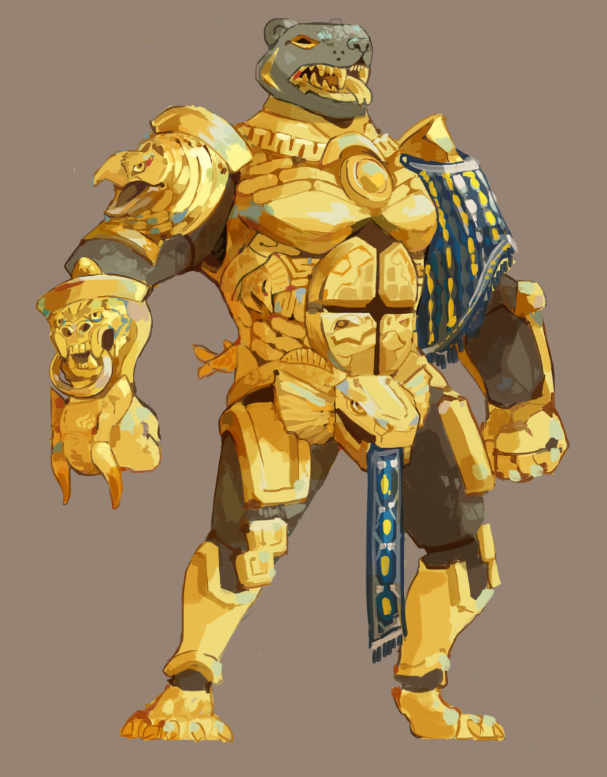 2021 anthro armor babanasaur breastplate brown_body clothing digital_media_(artwork) forked_tongue gauntlets gloves gold_(metal) gold_armor gold_tooth gorget greaves grey_background grey_body handwear hi_res looking_forward male markings open_mouth plate_armor poleyn simple_background solo spaulder standing tassets tongue tongue_out