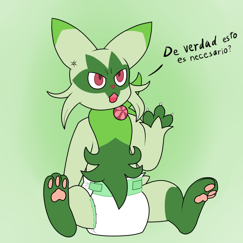 ambiguous_gender annoyed clothed clothing diaper fennecat_(artist) feral floragato fur green_body green_fur hi_res nintendo pokemon pokemon_(species) red_eyes solo spanish_text text video_games wearing_diaper