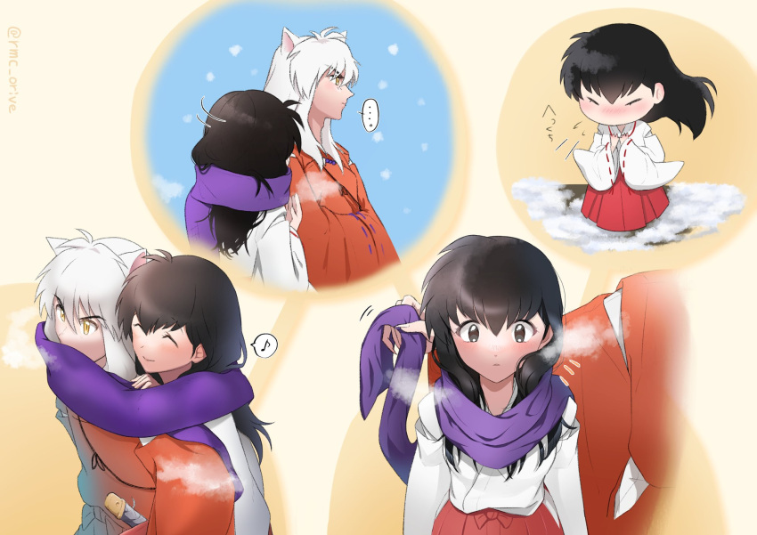 ... 1boy 1girl animal_ears black_hair blush brown_eyes closed_eyes demon_boy dog_ears hair_between_eyes highres higurashi_kagome inuyasha inuyasha_(character) japanese_clothes long_hair long_sleeves looking_at_another miko multiple_views musical_note orange_eyes purple_scarf red_skirt scarf shirt skirt smile sneezing snow spoken_musical_note tknw_hkr upper_body white_hair white_shirt