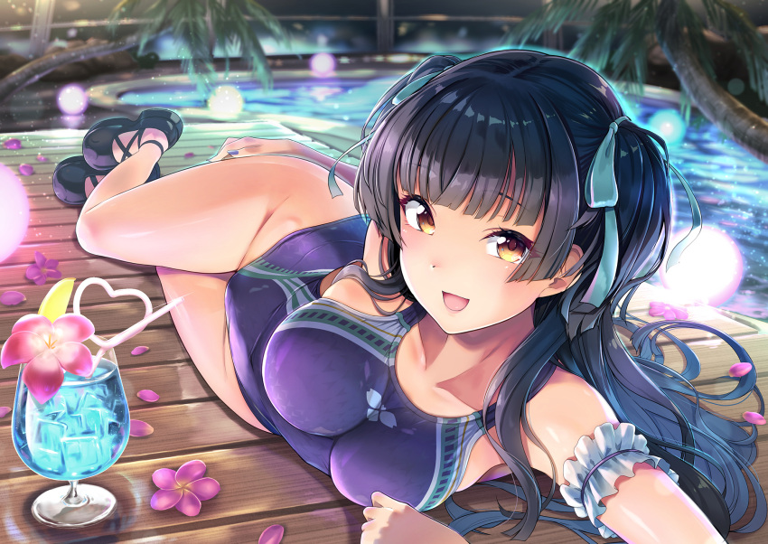 1girl bangs black_footwear black_hair blue_nails blue_one-piece_swimsuit blush breasts collarbone commentary_request commission drink hair_ornament hassen_(8cm) highleg highleg_swimsuit highres idolmaster idolmaster_shiny_colors large_breasts looking_at_viewer lying mayuzumi_fuyuko nail_polish on_side petals skeb_commission smile solo swimsuit thighs two_side_up water yellow_eyes