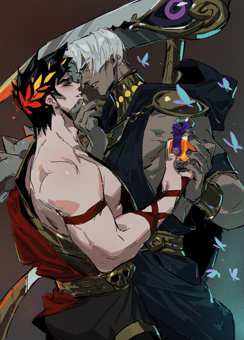 2boys ambrosia_(hades) black_hair bottle bug butterfly commentary dark-skinned_male dark_skin english_commentary greek_clothes hades_(series) hand_on_another's_chin highres holding holding_bottle laurel_crown looking_at_another male_focus multiple_boys muscular muscular_male pectorals red_eyes scythe shiyikuaiqingtai_(weibo7279846390) short_hair standing thanatos_(hades) toga white_hair yaoi zagreus_(hades)