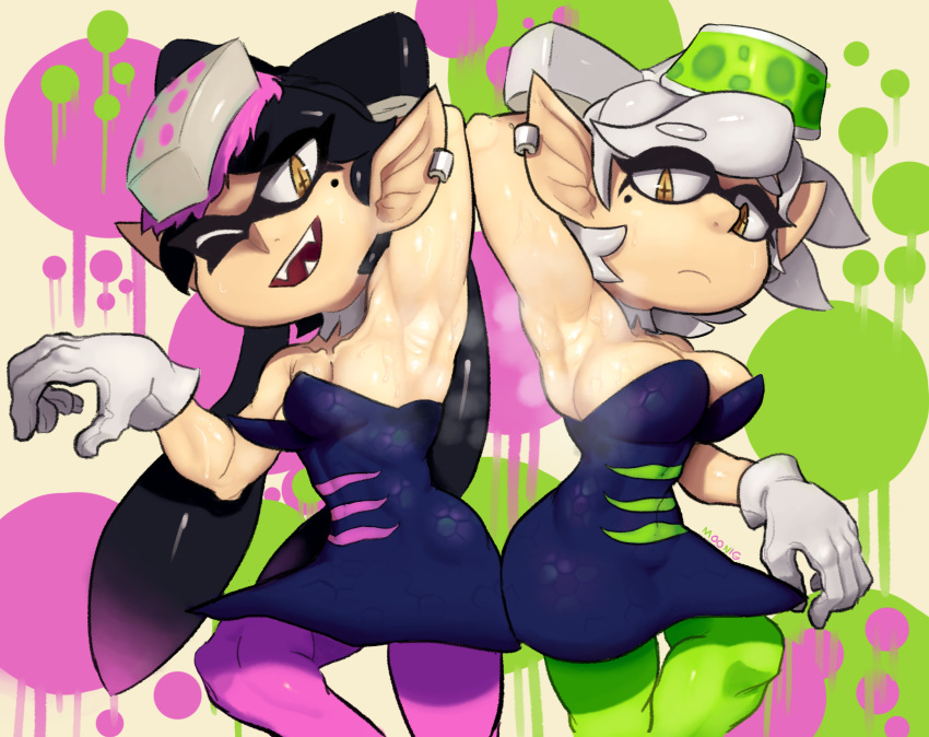 +_+ 2girls absurdres arm_up armpits artist_name bangs bare_shoulders black_hair blue_dress bow-shaped_hair breasts callie_(splatoon) cleavage closed_mouth commentary cowboy_shot detached_collar dress earrings english_commentary fangs gloves green_pantyhose grey_hair half-closed_eye half-closed_eyes hand_up happy highres jewelry large_breasts leg_up lilmoonie long_hair looking_at_viewer marie_(splatoon) mole mole_under_eye multicolored_background multiple_girls object_on_head one_eye_closed open_mouth pantyhose pink_pantyhose pointy_ears presenting_armpit shiny shiny_hair shiny_skin short_dress short_hair siblings sidelocks signature single_earring sisters small_breasts smile splatoon_(series) splatoon_1 splatter_background standing standing_on_one_leg steam steaming_body strapless strapless_dress sweat symmetry teeth tentacle_hair tentacles twintails wet wet_clothes white_gloves yellow_eyes