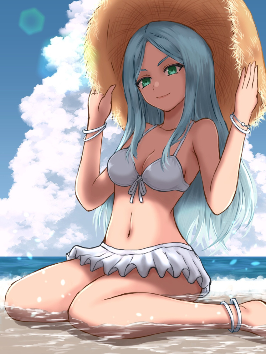 1girl blue_hair breasts character_request cleavage closed_mouth cloud collarbone foot_out_of_frame hat highres jewelry kitaokasensei long_hair looking_at_viewer navel romancing_saga romancing_saga_re;universe saga smile solo swimsuit