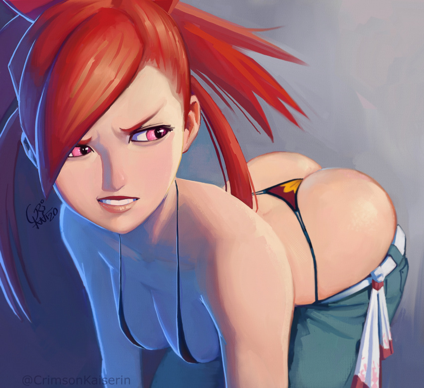 1girl ass bent_over bikini bikini_under_clothes blue_pants breasts butt_crack cleavage crimson_kaiserin denim disgust english_commentary flannery_(pokemon) g-string hair_over_one_eye highres jeans large_breasts lips long_hair looking_to_the_side lowleg lowleg_pants no_shirt pants pink_eyes pokemon pokemon_(game) pokemon_rse ponytail print_bikini red_bikini red_hair signature solo string_bikini swimsuit thong thong_bikini twitter_username whale_tail_(clothing)