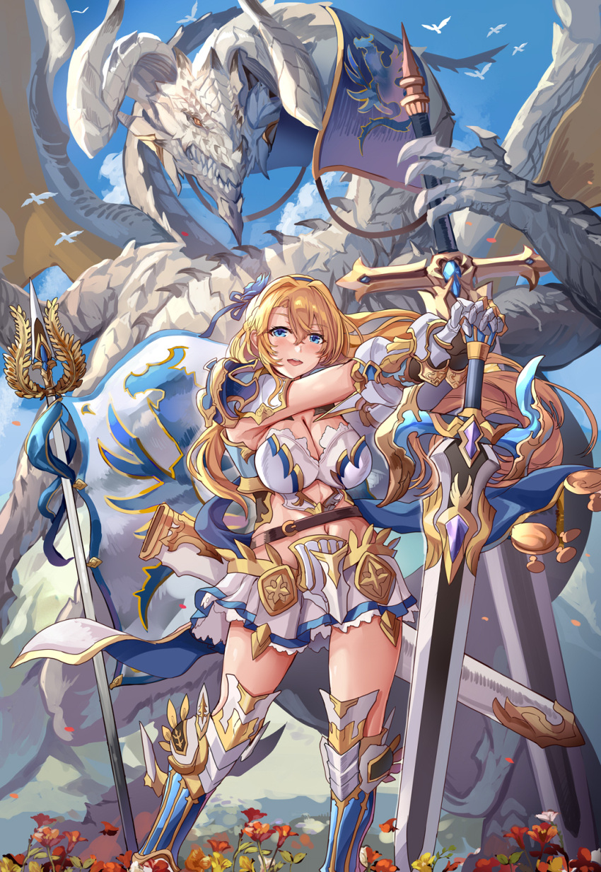 1girl :d armor belt bird blonde_hair blue_eyes blue_sky breasts cleavage cloud commentary dragon feet_out_of_frame floating_hair frilled_skirt frills full_body gold_trim guantlets hair_between_eyes highres himuro_shunsuke holding holding_sword holding_weapon knight large_breasts legs_apart long_hair looking_at_viewer navel open_mouth original outdoors outstretched_arms planted planted_sword sharp_teeth sheath shoulder_armor skirt sky smile solo standing sword teeth thighs upper_teeth v-shaped_eyebrows very_long_hair weapon western_dragon white_bird