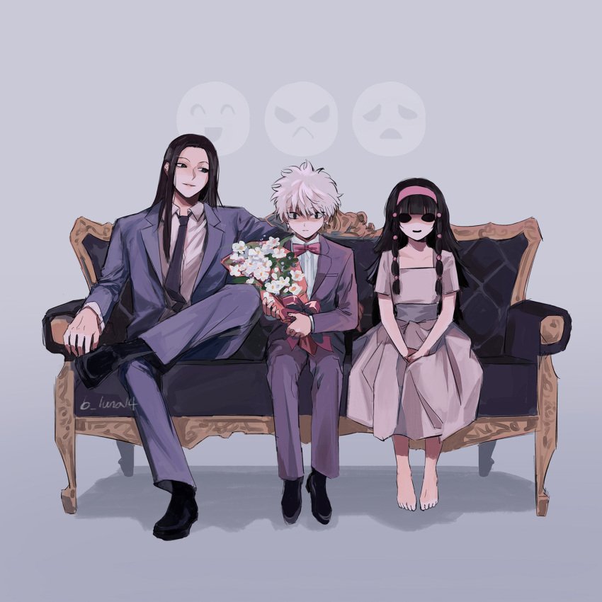 1other 2boys alternate_costume b_luna14 black_hair couch crossed_legs english_commentary flower formal highres hunter_x_hunter illumi_zoldyck killua_zoldyck long_hair multiple_boys nanika_(hunter_x_hunter) necktie short_hair simple_background sitting smile suit