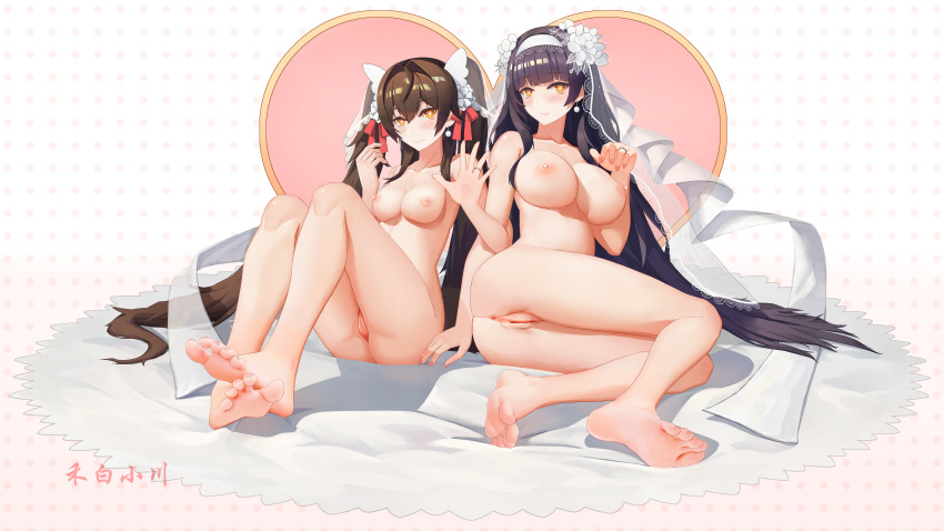 2girls absurdres bangs bare_legs bare_shoulders barefoot black_hair blush breast_milk breasts bridal_veil brown_hair closed_mouth collarbone earrings feet flower full_body girls'_frontline hair_flower hair_ornament hair_ribbon hairband heart heart-shaped_pupils hebai_xiaochuan highres jewelry large_breasts legs lips long_hair looking_at_viewer medium_breasts multiple_girls nail_polish necklace nipples no_shoes nude official_alternate_costume on_floor pink_nails pregnant pussy red_ribbon ribbon ring simple_background sitting smile soles symbol-shaped_pupils thighs toes type_95_(girls'_frontline) type_95_(prairie_gentian_and_her_season)_(girls'_frontline) type_97_(girls'_frontline) type_97_(prayers_in_the_wind)_(girls'_frontline) veil very_long_hair wedding_ring white_hairband white_ribbon white_veil yellow_eyes