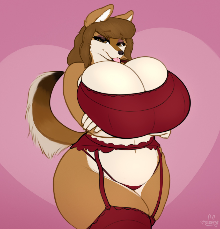anthro arm_under_breasts big_breasts breasts brown_hair canid canine clothing female garter_belt garter_straps hair hi_res huge_breasts hyper hyper_breasts legwear mammal panties shakotanbunny solo thick_thighs thigh_highs tongue tongue_out underwear