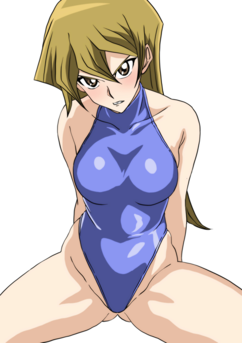 1girl aji_n blonde_hair blue_leotard breasts brown_eyes collarbone commentary_request cowboy_shot highleg highleg_leotard highres leotard long_hair medium_breasts simple_background solo tenjouin_asuka turtleneck_leotard white_background yu-gi-oh! yu-gi-oh!_gx