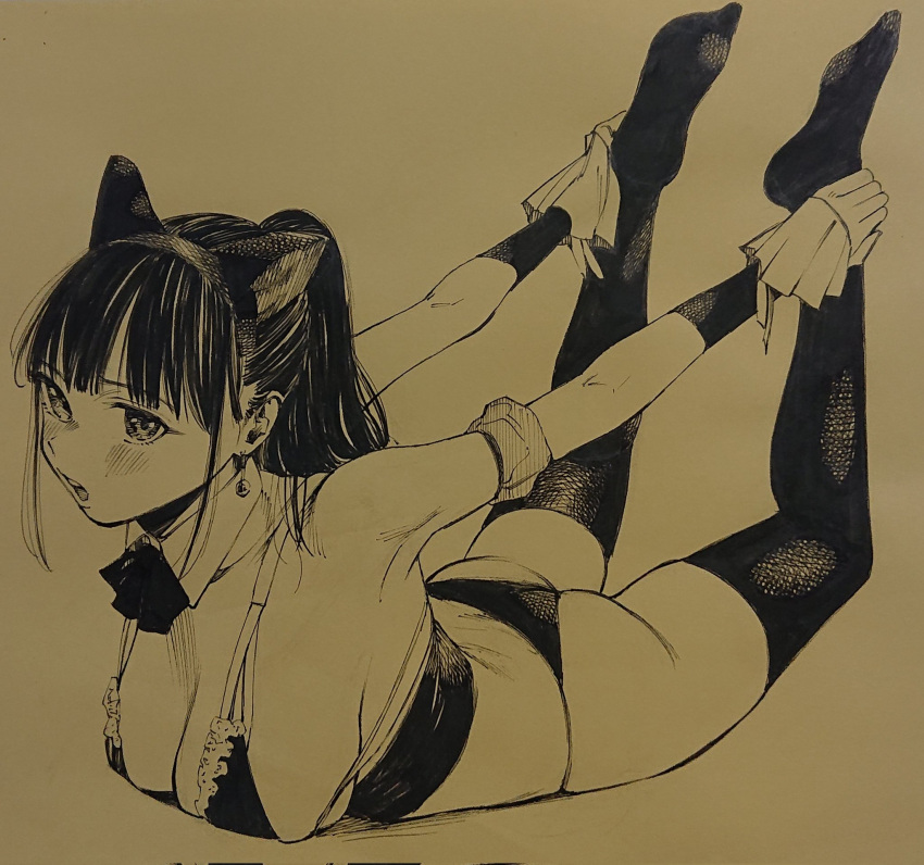 1girl :o animal_ears ass bangs bikini blush bow bowtie cat_ears commentary_request detached_collar earrings fake_animal_ears gagaimo highres jewelry legs_up long_hair lying monochrome no_shoes on_stomach original ponytail solo swimsuit teeth thighhighs tongue upper_teeth_only