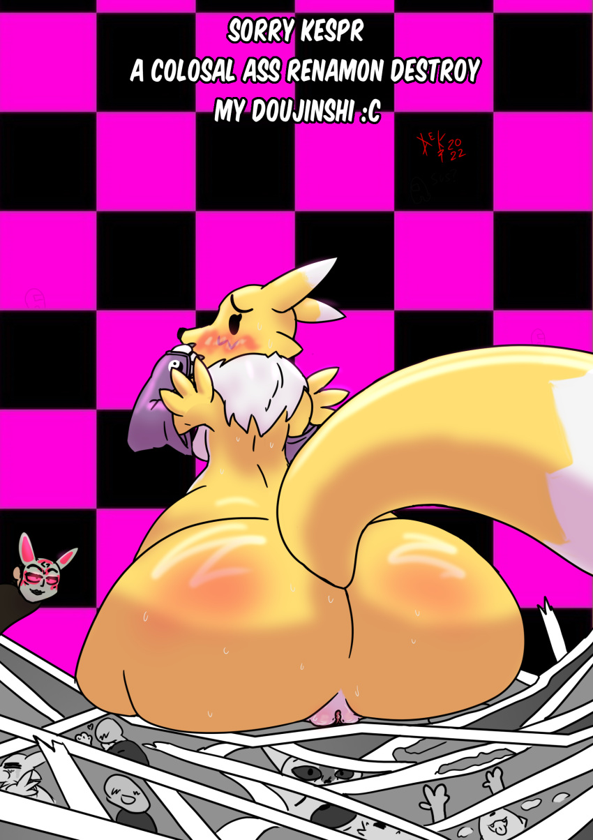 absurd_res amogus bandai_namco big_butt breasts butt destruteka digimon digimon_(species) female flushed genitals hi_res human mammal missing_texture pussy renamon smash text