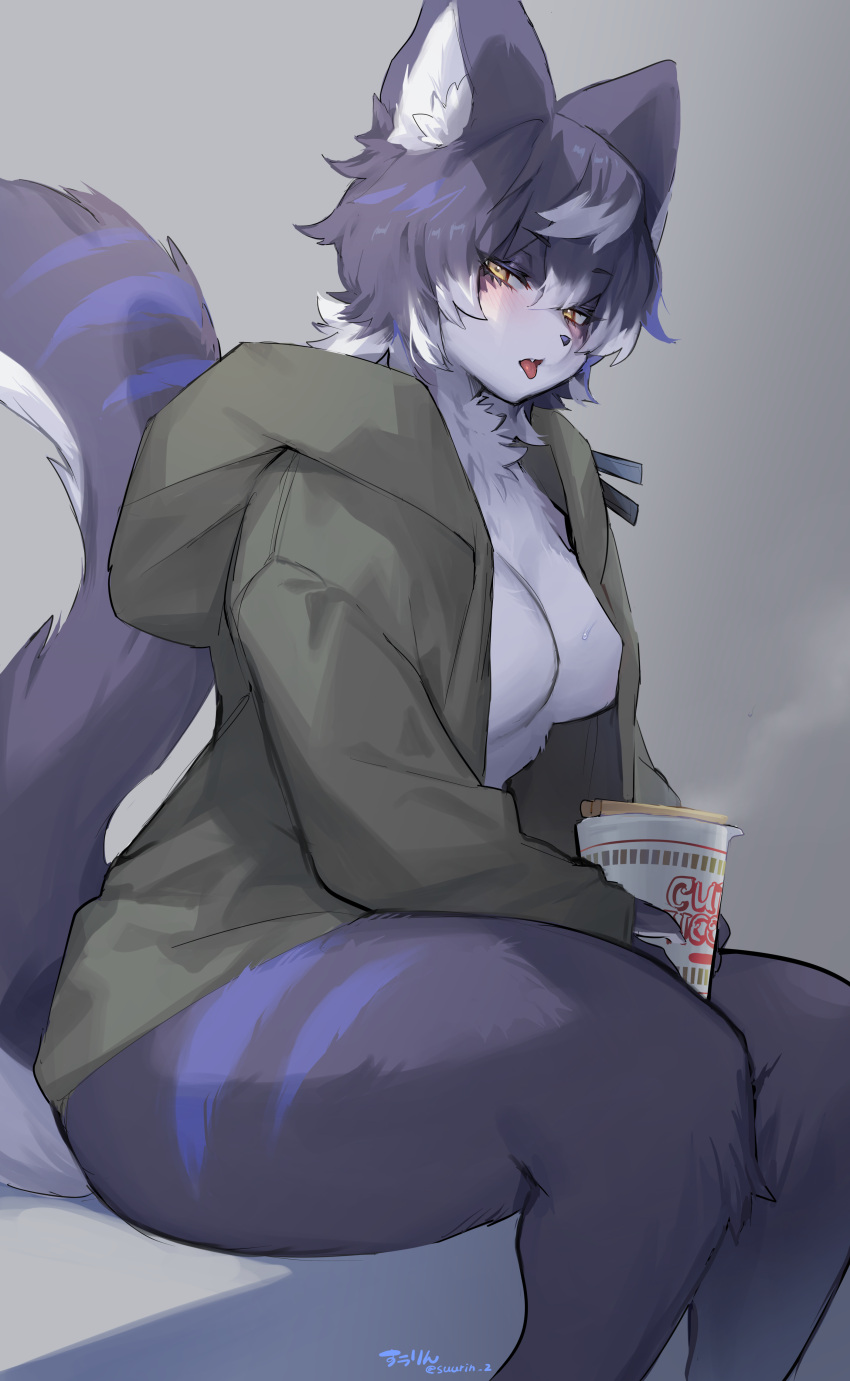 1girl absurdres animal_ear_fluff black_hair blush body_fur breasts commission cup furry furry_female green_jacket grey_background highres holding holding_cup jacket long_sleeves looking_at_viewer medium_breasts multicolored_hair open_clothes open_jacket open_mouth original short_hair simple_background sitting skeb_commission solo suurin_(ksyaro) sweat tail tongue tongue_out twitter_username two-tone_hair white_hair yellow_eyes
