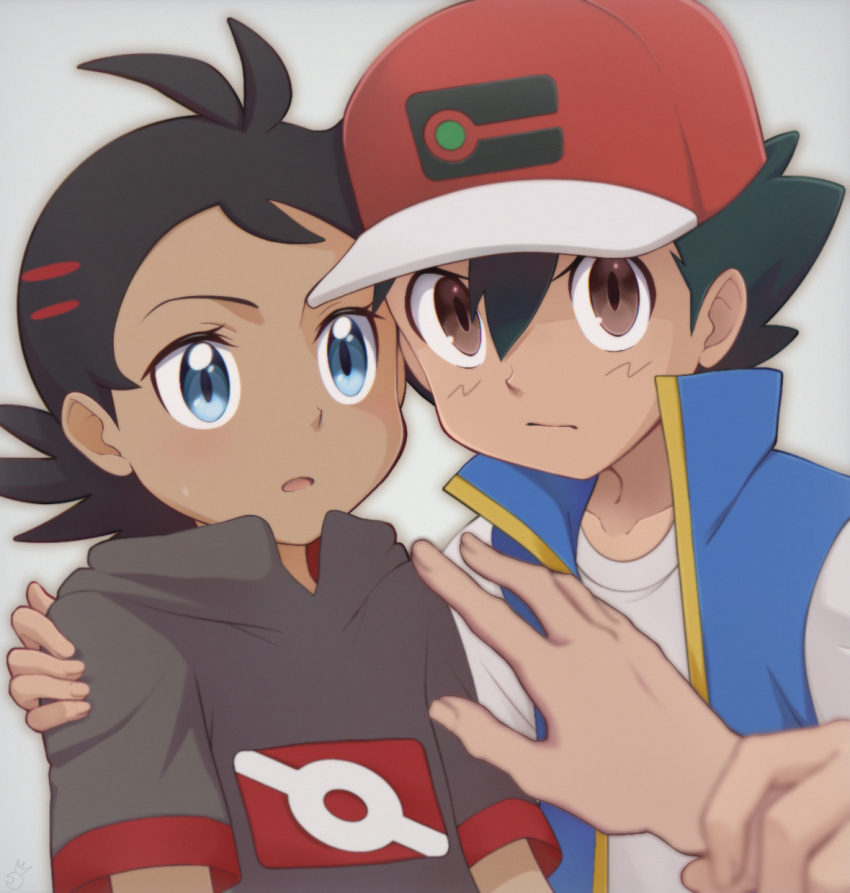 1other 2boys antenna_hair ash_ketchum bangs baseball_cap black_hair blue_eyes blue_jacket blurry brown_eyes closed_mouth commentary_request goh_(pokemon) grey_shirt hair_between_eyes hand_on_another's_shoulder hat highres holding_another's_wrist jacket kouzuki_(reshika213) looking_at_viewer multiple_boys open_clothes open_jacket open_mouth pokemon pokemon_(anime) pokemon_journeys pov pov_hands protecting red_headwear shirt short_sleeves sleeveless sleeveless_jacket t-shirt white_shirt