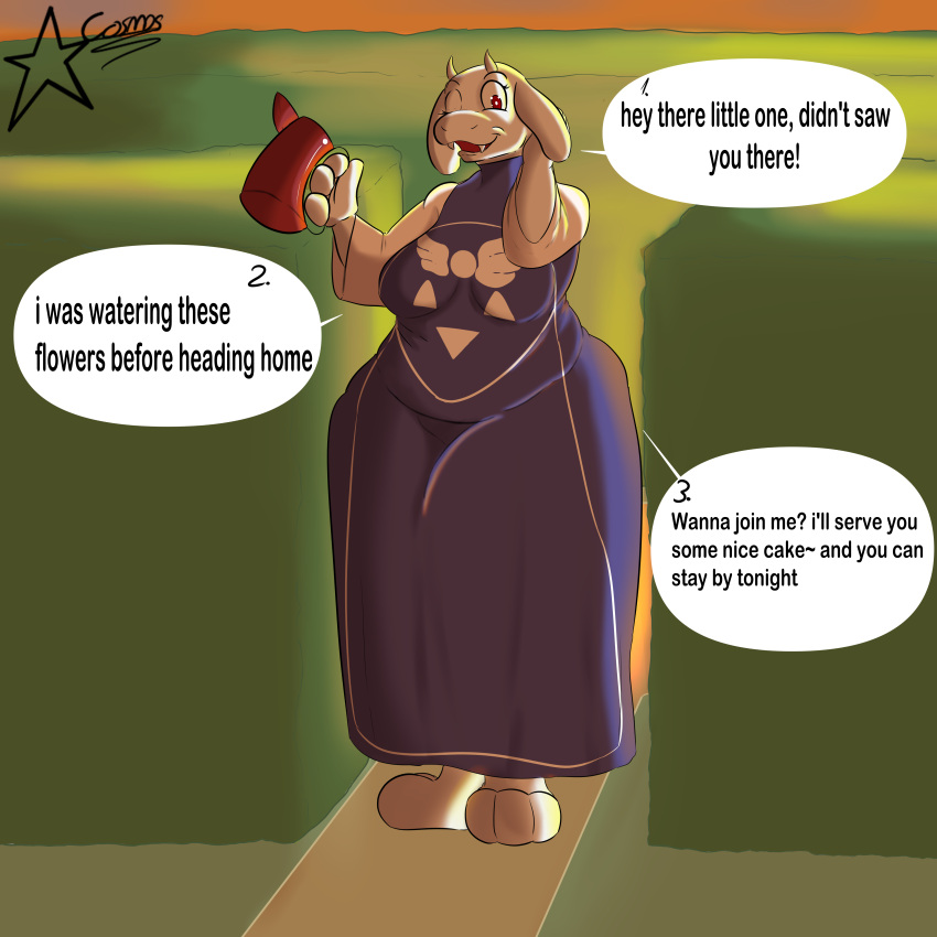absurd_res anthro barefoot bovid caprine chubby_female clothing cosmosarts dialogue dress feet female flirting goat hand_behind_own_head hi_res horn mammal one_eye_closed solo sunset toriel undertale_(series) watering_can watering_flower wink
