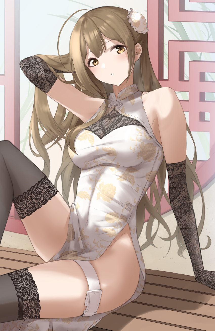 1girl absurdres arm_rest bangs bare_shoulders black_thighhighs breasts brown_hair closed_mouth collared_dress dress hand_on_own_head heart highres idolmaster idolmaster_shiny_colors kuwayama_chiyuki lace-trimmed_dress lace-trimmed_thighhighs lace_trim large_breasts long_hair oka_yuto side_slit sitting sleeveless sleeveless_dress solo thigh_strap thighhighs tight tight_dress white_dress yellow_eyes