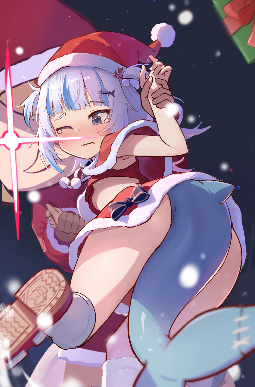 2girls absurdres armpit_peek ass bangs bare_arms bloop_(gawr_gura) blue_eyes blue_hair blunt_bangs blush box breasts capelet christmas coat commentary facial_hair fish_tail from_behind fur-trimmed_coat fur-trimmed_skirt fur_trim gawr_gura gift gift_box glowing glowing_eye hair_ornament hairclip hat highres hirotaka0125 holding_another's_wrist hololive hololive_english long_hair multicolored_hair multiple_girls mustache paid_reward_available pom_pom_(clothes) red_capelet red_skirt sack santa_costume santa_hat shark_tail shoe_soles shoes skirt small_breasts snowing socks streaked_hair tail tears teeth two-tone_hair two_side_up underboob upshirt virtual_youtuber watson_amelia wavy_mouth white_hair white_socks wince