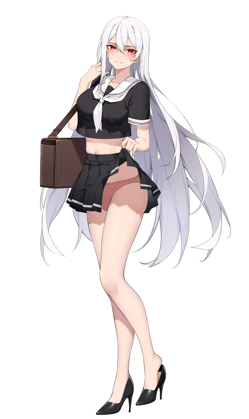 1girl absurdres alternate_costume azur_lane bag black_footwear black_shirt black_skirt breasts clothes_lift crop_top flashing hair_between_eyes high_heels highres large_breasts lifted_by_self light_blush long_hair looking_at_viewer midriff miniskirt mole mole_under_eye neckerchief panties pink_panties pleated_skirt red_eyes sailor_collar school_bag school_uniform see-through see-through_shirt see-through_silhouette shirt shoes short_sleeves simple_background skirt skirt_lift solo sovetskaya_rossiya_(azur_lane) stiletto_heels underwear very_long_hair white_background white_hair white_neckerchief white_sailor_collar wsfw