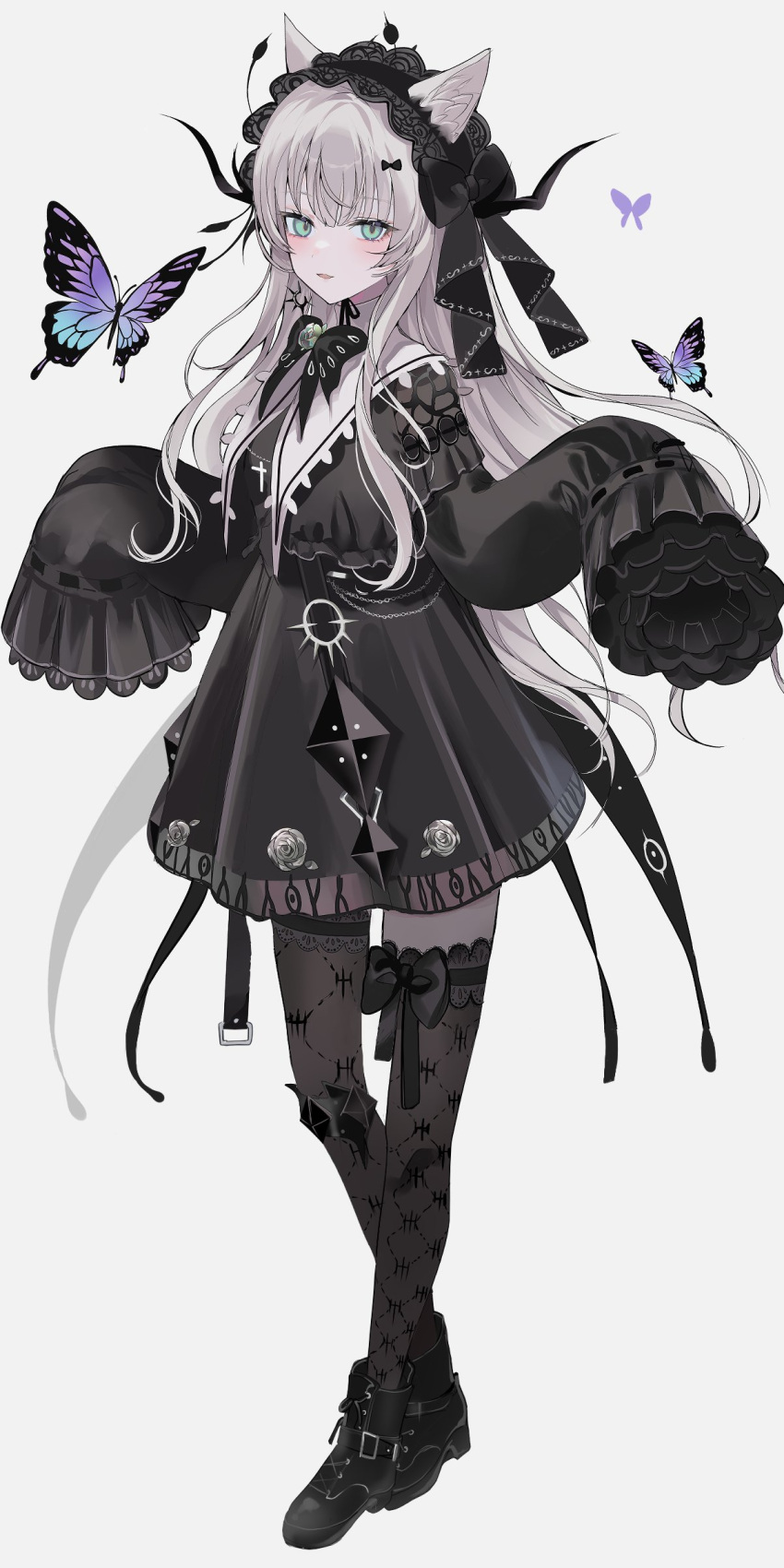 1girl absurdres animal_ear_fluff animal_ears aqua_eyes black_dress black_footwear black_thighhighs boots bug butterfly cat_ears cat_girl chiemo_(xcem) dress frilled_sleeves frills full_body gothic_lolita grey_hair hairband highres lace lace-trimmed_hairband lace_legwear lace_trim lolita_fashion lolita_hairband long_hair long_sleeves looking_at_viewer original simple_background sleeves_past_fingers sleeves_past_wrists thighhighs white_background