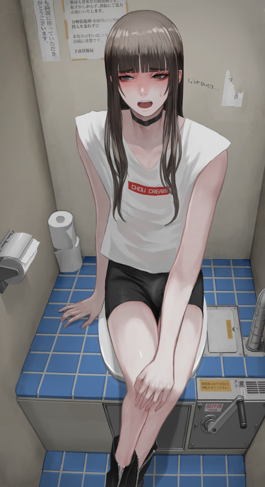 1boy absurdres black_eyes black_hair bulge choker crossdressing highres hime_cut jittsu long_hair open_mouth original otoko_no_ko sitting solo sweatdrop teeth toilet toilet_paper