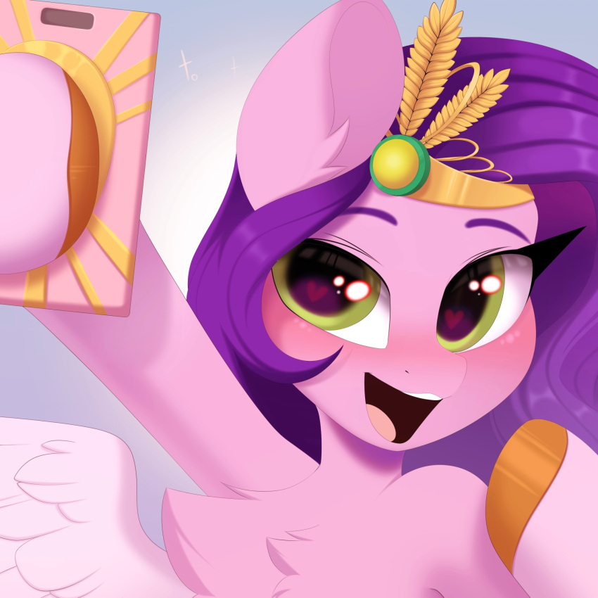 blush brown_hooves chest_tuft crown equid equine eyelashes feathered_wings feathers female feral fetlocks fur green_eyes hasbro hi_res holding_object hooves kebchach mammal mlp_g5 my_little_pony pegasus phone pink_body pink_feathers pink_fur pipp_petals_(mlp) smile tiara tuft wings