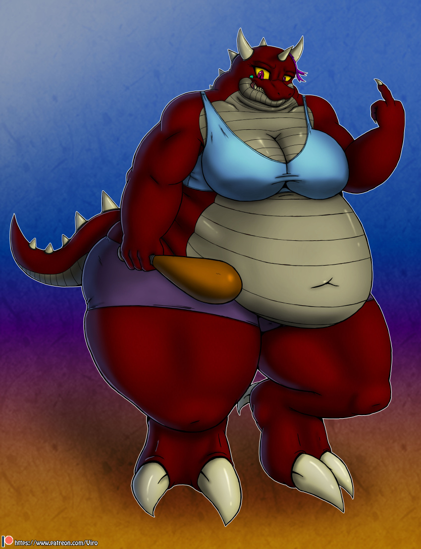 absurd_res anthro belly big_belly big_breasts bottomwear breasts butt clothing deep_navel digital_media_(artwork) dragon female food gesture hi_res horn huge_thighs if_hell_had_a_taste meat middle_finger multicolored_body multicolored_scales navel non-mammal_breasts obese obese_anthro obese_female overweight overweight_anthro overweight_female pepper_crush red_body red_scales scales shorts solo thick_thighs topwear two_tone_body two_tone_scales viroveteruscy yellow_sclera