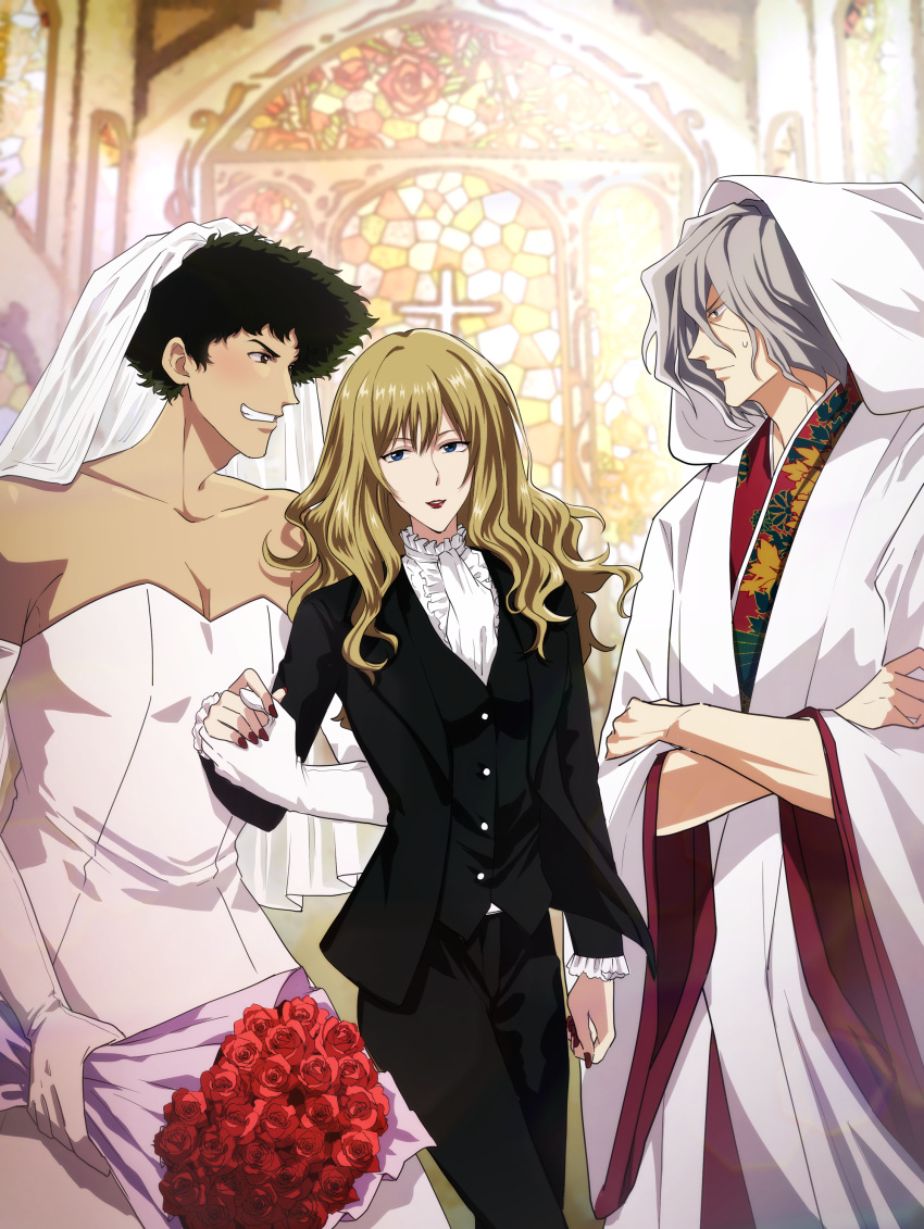 1girl 2boys absurdres bangs blonde_hair brown_eyes church cowboy_bebop dress flower formal green_hair grey_hair hetero highres holding_hands japanese_clothes julia_(cowboy_bebop) leslievernon love_triangle multiple_boys non-web_source rose spike_spiegel suit vicious_(cowboy_bebop) wedding_dress