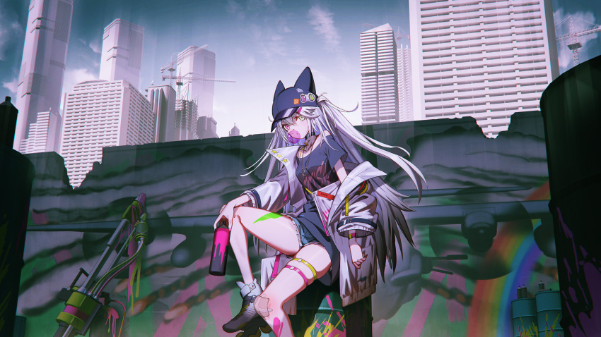 1girl animal_ears animal_hat bangs black_headwear black_shirt blue_shorts blue_sky bubble_blowing building cabbie_hat character_request chewing_gum cloud commentary_request crane_(machine) day fake_animal_ears girls'_frontline_neural_cloud green_eyes grey_hair grey_jacket hair_between_eyes hat heterochromia highres hironii_(hirofactory) holding jacket long_hair looking_at_viewer off-shoulder_shirt off_shoulder open_clothes open_jacket outdoors pink_eyes roller_skates shirt short_shorts shorts skates sky skyscraper solo spray_can two_side_up very_long_hair white_footwear wide_sleeves