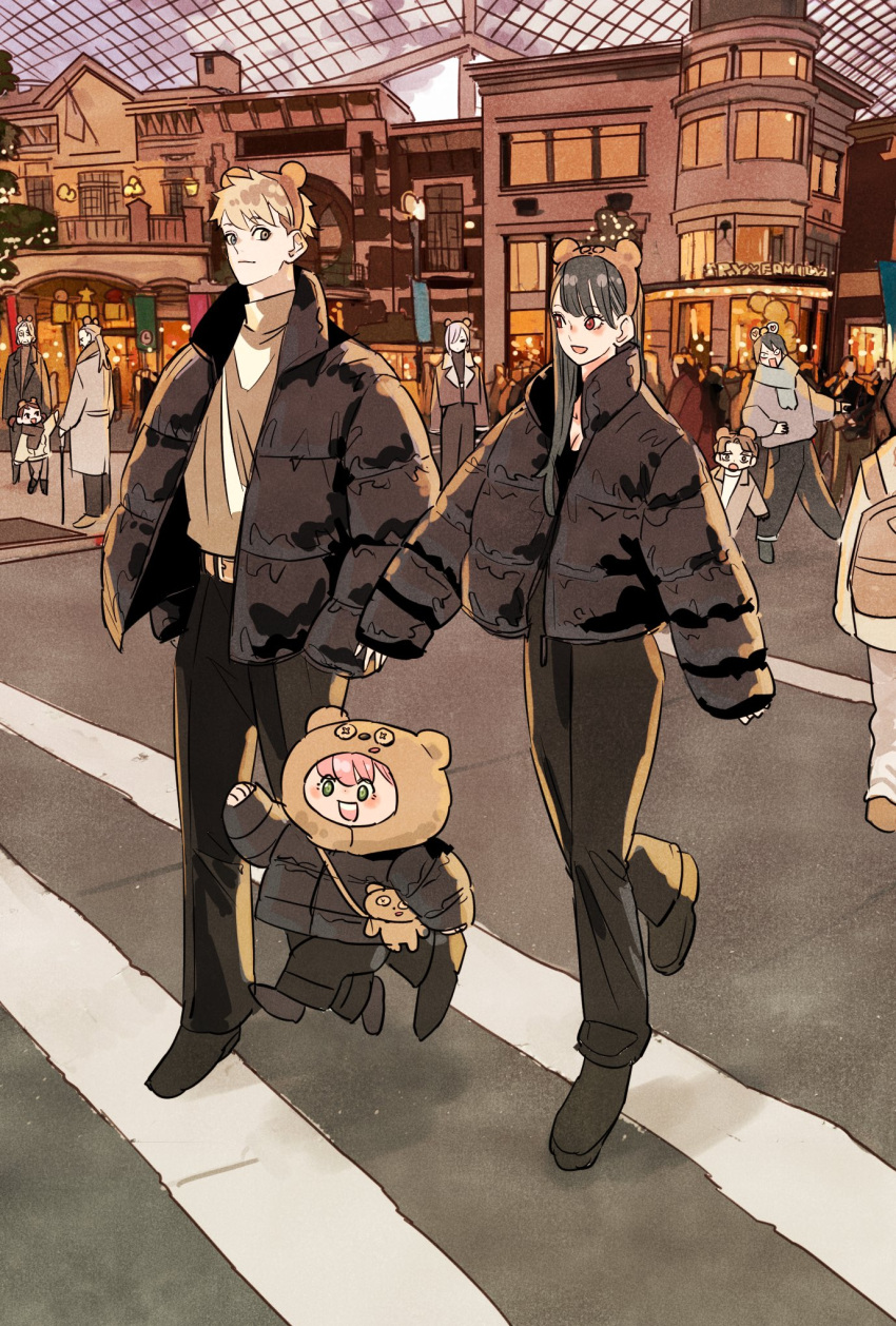 alternate_costume animal_ears anya_(spy_x_family) bear_ears becky_blackbell black_jacket black_pants blush breasts casual cleavage crosswalk extra eye_contact female_child fiona_frost franky_franklin full_body henry_henderson highres jacket looking_at_another martha_(spy_x_family) outdoors padded_jacket pants rectangular_mouth road sleeves_past_wrists smile spy_x_family straight_hair street surprised takeuchi_ryousuke twilight_(spy_x_family) yor_briar yuri_briar