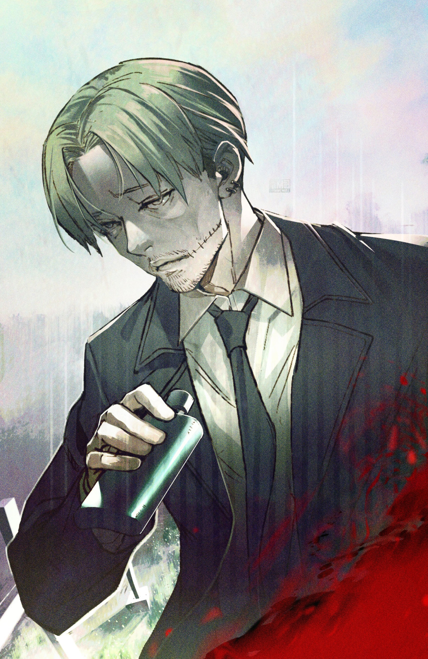 1boy absurdres ammenite black_coat black_necktie blood blood_splatter chainsaw_man coat collared_shirt ear_piercing facial_hair flask formal frown grey_background grey_hair highres kishibe_(chainsaw_man) looking_to_the_side necktie piercing shirt short_hair solo stubble suit tombstone undercut white_shirt