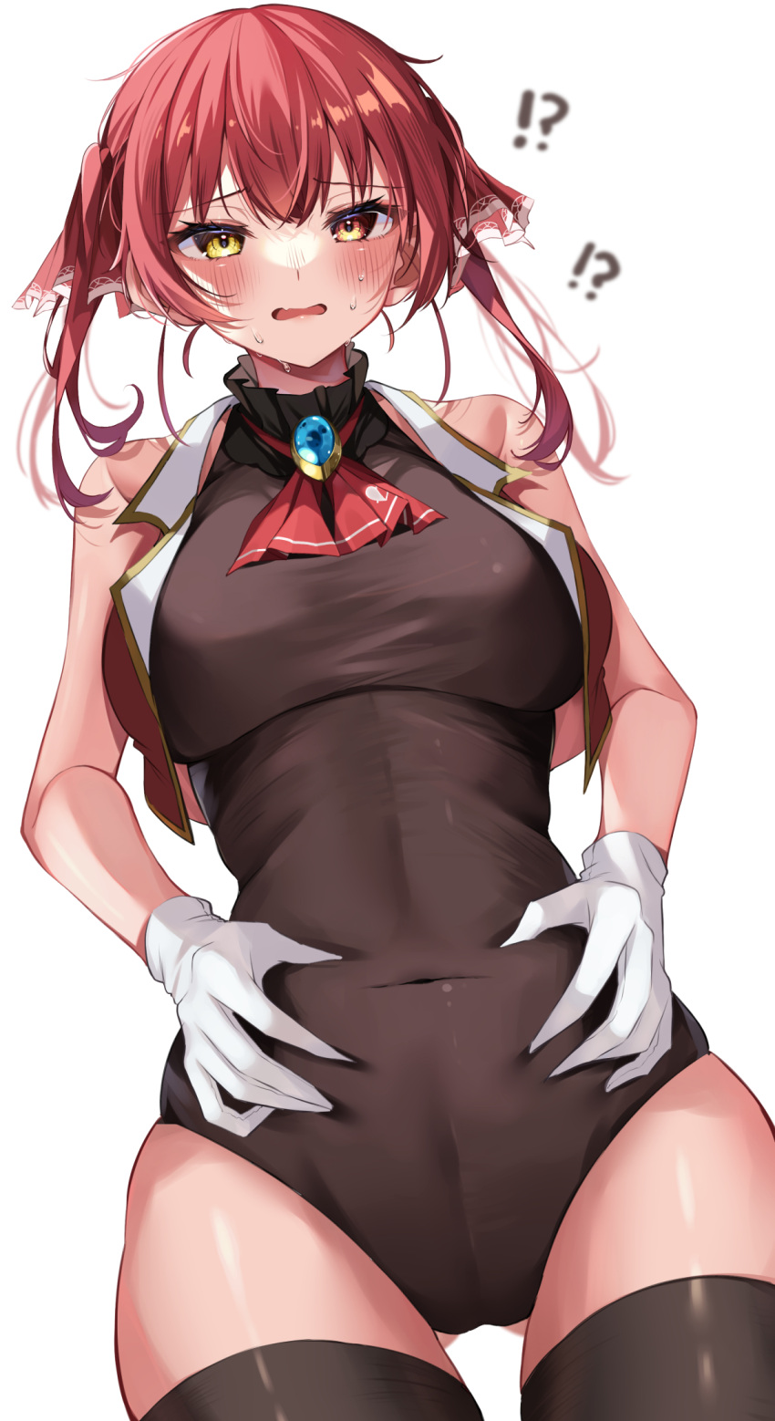 !? 1girl ascot black_thighhighs breasts covered_navel cropped_vest gloves gold_trim heterochromia highres houshou_marine large_breasts leotard messy_hair moonbell nervous no_jacket no_pants no_shirt open_mouth raised_eyebrows red_eyes red_hair solo sweat thighhighs twintails vest white_gloves yellow_eyes