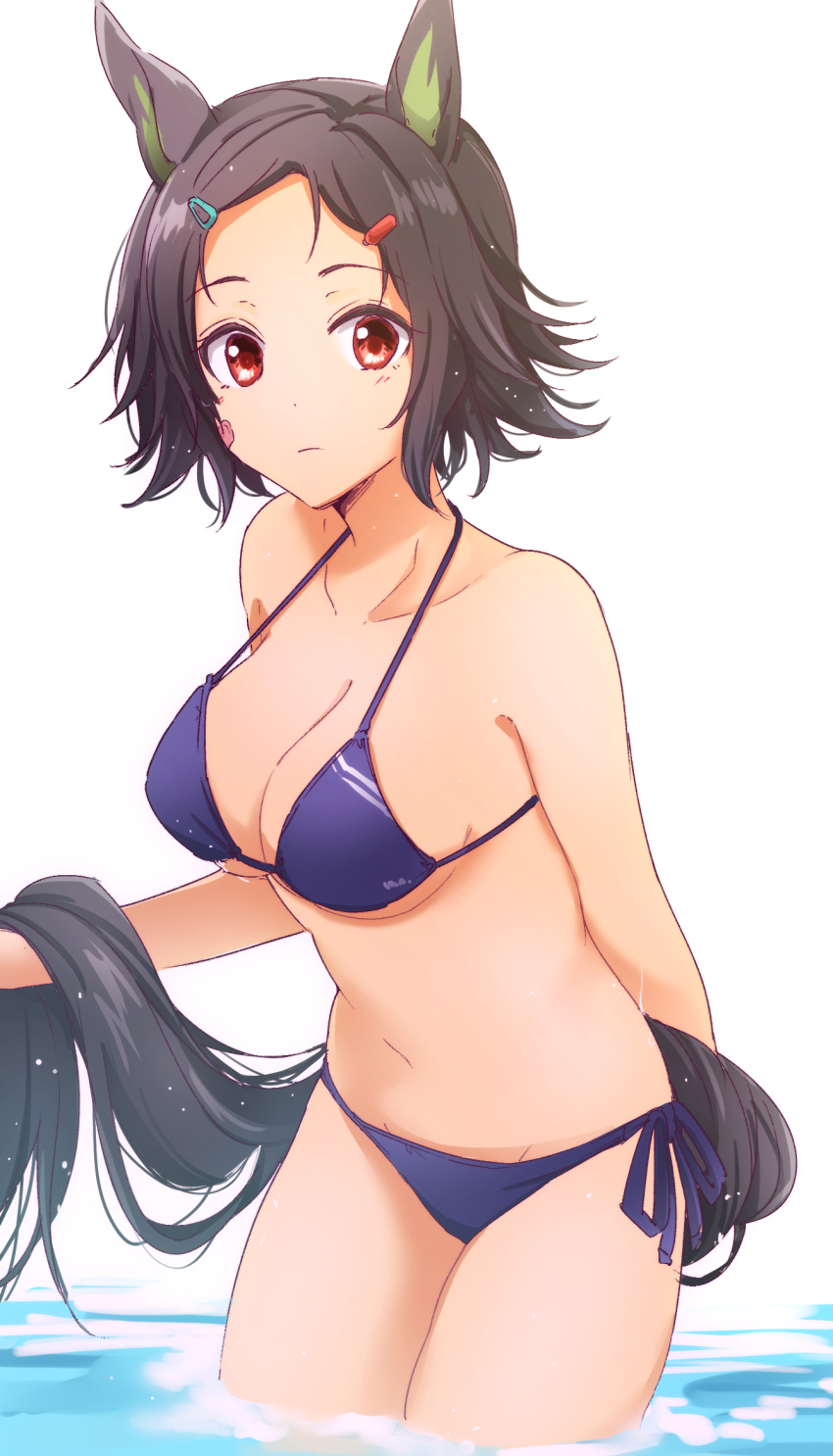 1girl alternate_costume animal_ears arm_behind_back ayame_iro_(toumei_dolce) bandaid bandaid_on_face bare_shoulders bikini black_hair blue_bikini breasts cleavage closed_mouth collarbone hair_ornament hairclip halterneck highres holding_own_tail horse_ears horse_girl horse_tail looking_at_viewer medium_breasts navel red_eyes short_hair side-tie_bikini_bottom solo string_bikini swimsuit tail umamusume wading water winning_ticket_(umamusume)