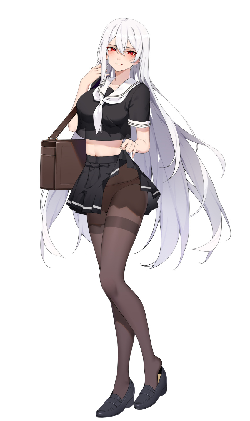 1girl absurdres alternate_costume azur_lane bag black_footwear black_shirt black_skirt breasts brown_pantyhose clothes_lift crop_top flashing hair_between_eyes highres large_breasts lifted_by_self light_blush long_hair looking_at_viewer midriff miniskirt mole mole_under_eye neckerchief panties panties_under_pantyhose pantyhose pleated_skirt red_eyes sailor_collar school_bag school_uniform see-through see-through_shirt see-through_silhouette shirt shoes short_sleeves simple_background skirt skirt_lift solo sovetskaya_rossiya_(azur_lane) thighband_pantyhose underwear very_long_hair white_background white_hair white_neckerchief white_sailor_collar wsfw