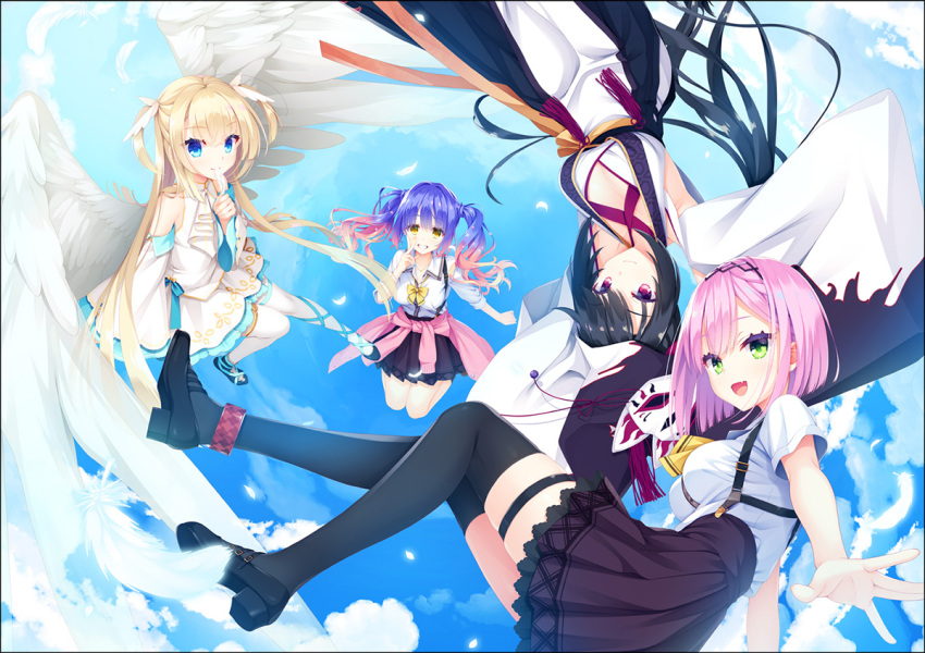 4girls ahoge angel angel_wings asymmetrical_legwear bangs bare_shoulders black_hair black_headband black_thighhighs blonde_hair blue_eyes blue_hair blue_ribbon breasts cleavage closed_mouth collar commentary_request cross-laced_clothes cross-laced_dress cross-laced_legwear detached_sleeves dress eyelashes fang feathers flying frilled_skirt frills fringe_trim full_body gradient_hair green_eyes grin hair_between_eyes headband hoshikawa_kaguya jacket kobuichi kohibari_kurumi large_breasts loafers long_hair looking_at_viewer medium_breasts miniskirt mismatched_legwear multicolored_hair multiple_girls muririn necktie official_art open_hand open_mouth outstretched_arm parted_bangs pink_hair pink_jacket pleated_skirt purple_skirt red_eyes ribbon school_uniform shirayuki_noa shirt shoes short_hair sidelocks skirt sky sleeveless sleeveless_dress sleeves_past_fingers sleeves_past_wrists smile straight_hair suspender_skirt suspenders tanikaze_amane tassel tenshi_souzou thighhighs thighlet twintails two_side_up upside-down very_long_hair wavy_hair white_collar white_dress white_feathers white_necktie white_shirt white_sleeves white_thighhighs white_wings wide_sleeves wings yellow_eyes yellow_necktie yuzu-soft zettai_ryouiki