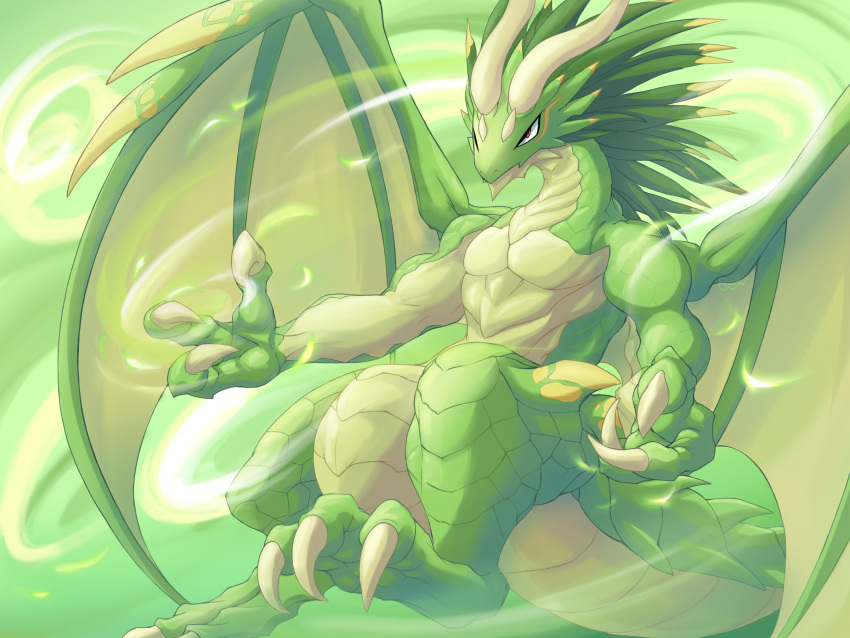 2022 2_horns 3_fingers 3_toes anthro belly_scales claws cygames digital_media_(artwork) dragalia_lost dragon facial_spikes feet fingers green_background green_body green_hair green_scales hair hi_res horn male markings membrane_(anatomy) membranous_wings midgardsormr_(dragalia_lost) muscular muscular_anthro muscular_male nintendo pecs red_eyes scales scalie serious simple_background soasushi solo spikes spikes_(anatomy) thick_tail toes video_games wing_spikes wings yellow_markings