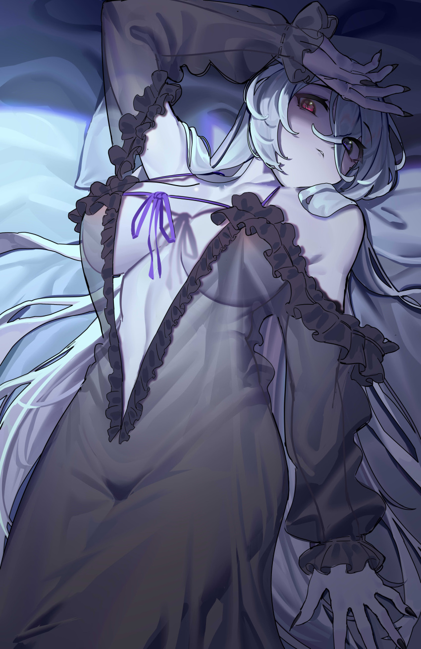 1girl absurdres atelier_(series) atelier_ryza atelier_ryza_1 azur_lane bangs black_nails black_nightgown breasts center_opening cleavage crossed_bangs doufu_(pixiv9093484) dress fingernails frilled_nightgown hand_on_own_face hand_up heterochromia highres lila_decyrus lila_decyrus_(moonlit_encounter) long_hair lying nail_polish nightgown off-shoulder_dress off_shoulder official_alternate_costume on_back pale_skin see-through see-through_silhouette sharp_fingernails white_hair