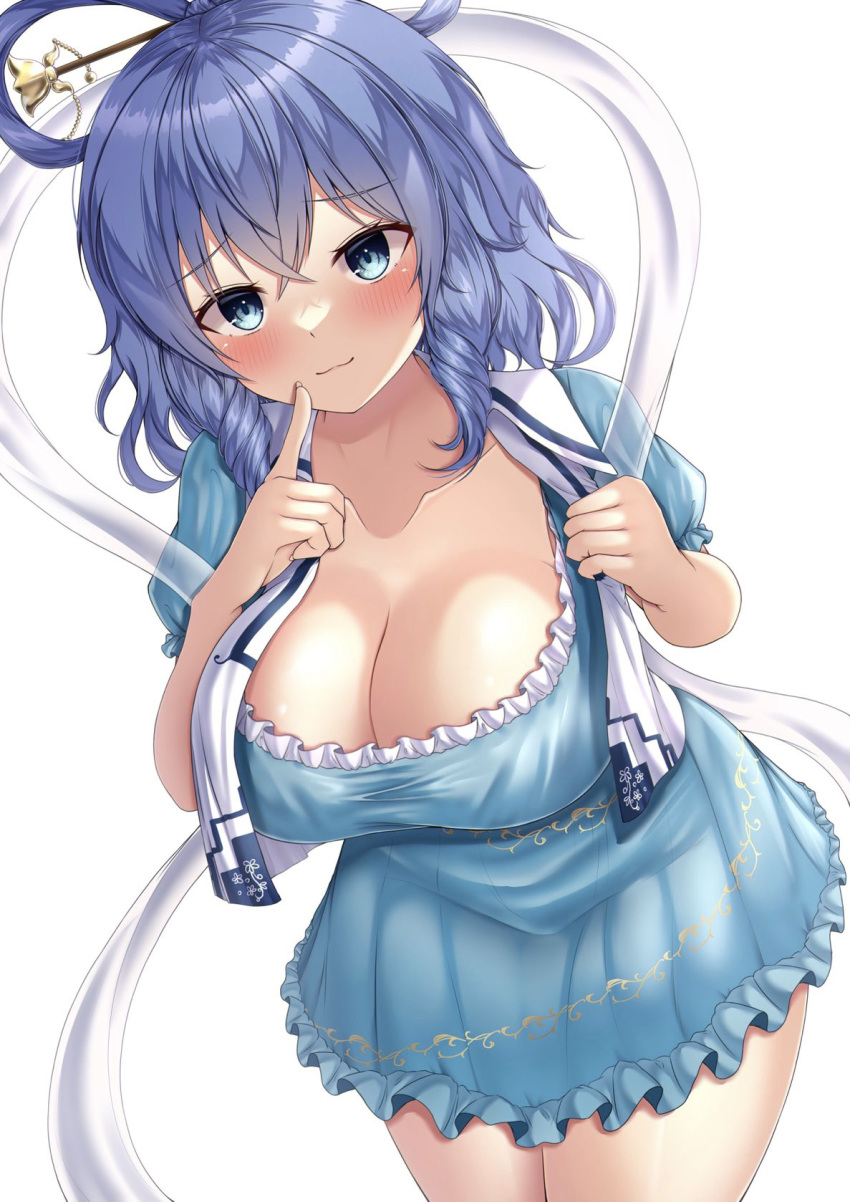 1girl blue_dress blue_eyes blush breasts chisel cleavage closed_mouth cowboy_shot dress drill_locks hair_ornament hair_rings hair_stick highres index_finger_raised kaku_seiga large_breasts reijing_etrn shawl short_hair simple_background smile solo standing touhou vest white_background white_vest