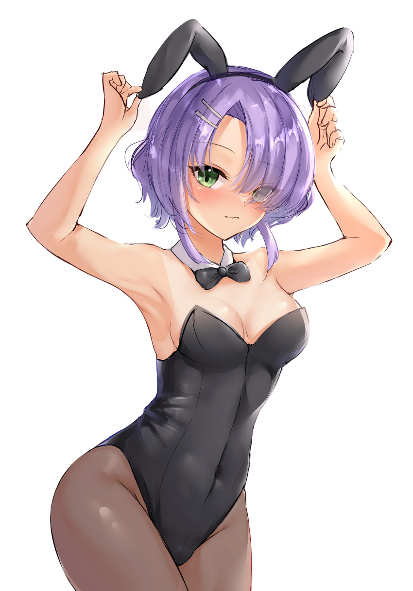 1girl 3: animal_ears arms_up bangs bare_arms bare_shoulders black_bow black_bowtie blush bow bowtie breasts brown_pantyhose cafe_stella_to_shinigami_no_chou choker cleavage cropped_legs embarrassed eyebrows_hidden_by_hair eyelashes green_eyes groin hair_over_one_eye highres hiuchidani_mei holding_ears looking_at_viewer medium_breasts multiple_hairpins navel ncontrail_(mgax7527) pantyhose parted_bangs playboy_bunny purple_hair rabbit_ears short_hair_with_long_locks simple_background solo standing tan tanlines white_background white_choker yuzu-soft