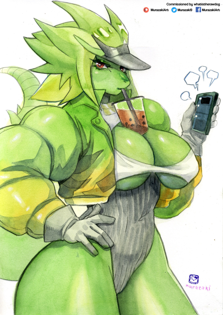 absurd_res anthro big_breasts breasts cellphone cleavage clothed clothing dragon drinking female green_body hi_res holding_cellphone holding_object holding_phone murazaki phone simple_background solo thick_thighs white_background