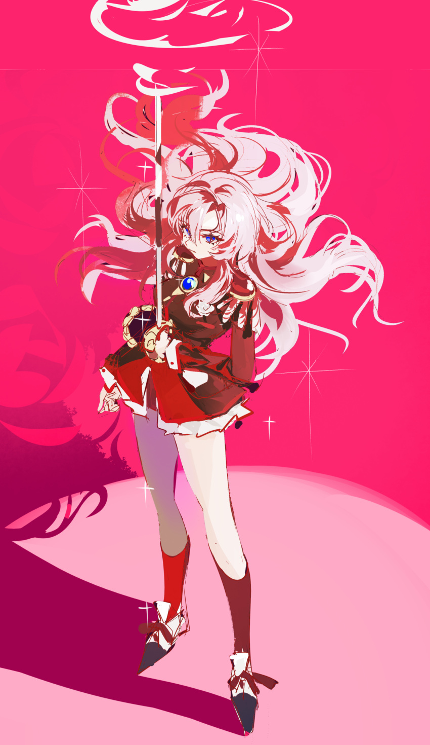 1girl absurdres bike_shorts black_jacket blue_eyes epaulettes floating_hair full_body gem highres holding holding_sword holding_weapon jacket ka_shou_yu_jiu long_hair looking_ahead pink_background pink_hair red_background red_shorts school_uniform shoes shorts shoujo_kakumei_utena socks solo standing sword sword_of_dios tenjou_utena weapon