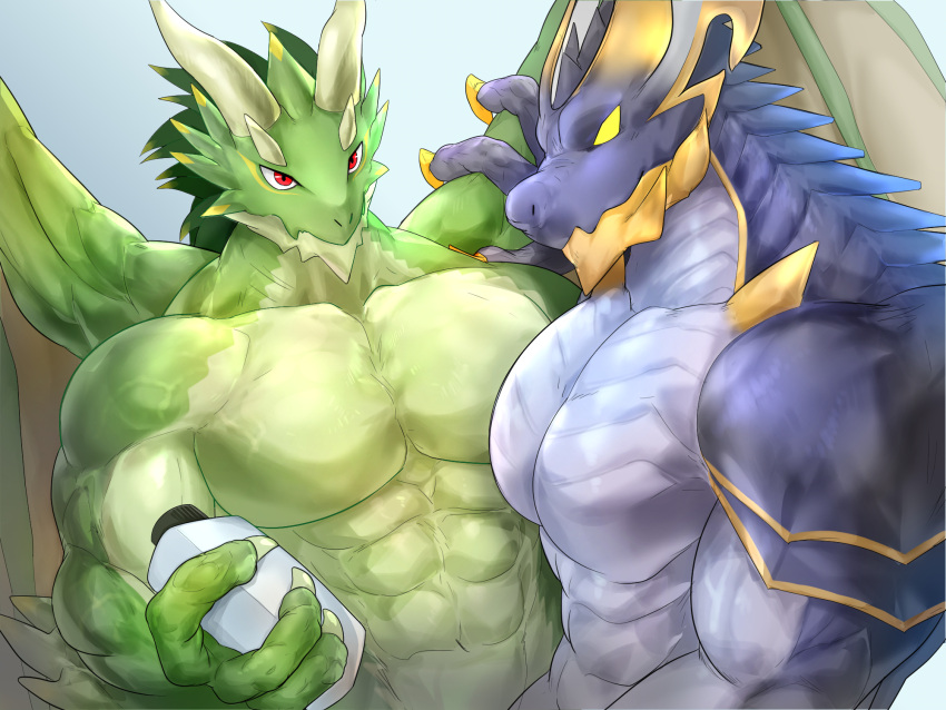 2020 3_fingers abs anthro belly_scales blue_body blue_scales blue_spikes bottle container cygames digital_media_(artwork) dragalia_lost dragon duo empty_eyes fingers front_view green_body green_hair green_scales gyuila hair hand_on_wing hi_res holding_bottle holding_container holding_object horn male male/male markings membrane_(anatomy) membranous_wings midgardsormr_(dragalia_lost) multi_horn muscular muscular_anthro muscular_male neck_spikes nintendo pecs poseidon_(dragalia_lost) red_eyes scales scalie side_view sky video_games waist_up wings yellow_eyes yellow_markings yellow_spikes