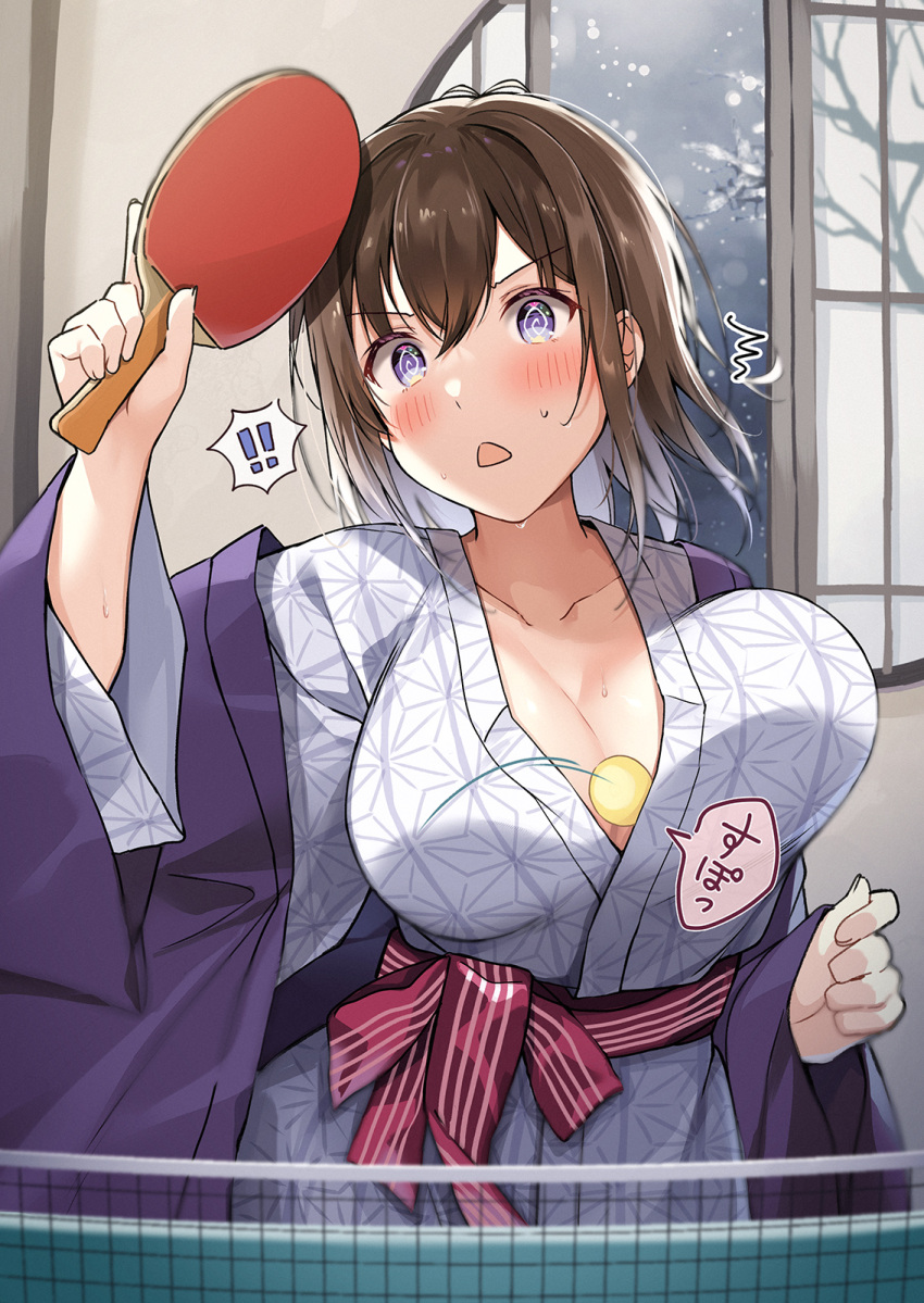 ! !! 1girl :o @_@ ahoge ball bath_yukata between_breasts blush bouncing_breasts breasts brown_hair hawawa-chan_(shiro_kuma_shake) highres holding holding_paddle indoors japanese_clothes kimono large_breasts open_mouth original paddle sack sash shiro_kuma_shake short_hair sliding_doors snowflake_print solo striped striped_kimono table_tennis table_tennis_ball table_tennis_net table_tennis_paddle vertical-striped_kimono vertical_stripes wavy_mouth yukata