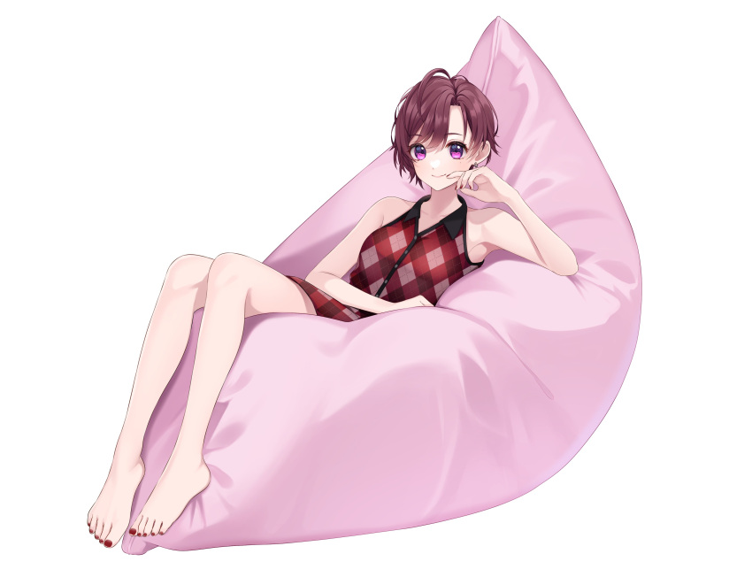 1girl absurdres ahoge bare_arms bare_legs bare_shoulders barefoot brown_hair character_request commentary_request copyright_request dress earrings full_body highres jewelry looking_at_viewer mole mole_under_eye nail_polish pillow plaid plaid_dress purple_eyes red_dress red_nails short_hair sleeveless sleeveless_dress smile solo toenail_polish toenails virtual_youtuber wakatsuki_you white_background