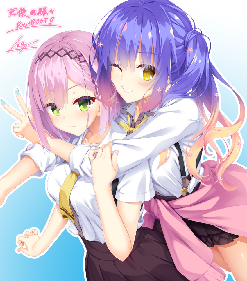 2girls 8kumagawa_(log) :3 >:) absurdres bad_id bad_pixiv_id between_breasts black_headband blue_hair blue_nails blush bob_cut breasts brown_skirt collar collarbone commentary copyright_name eyelashes fingernails flower gradient_background gradient_hair green_eyes grin hair_between_eyes hair_flower hair_ornament headband heads_together highres hug hug_from_behind jacket kohibari_kurumi large_breasts leaning_forward looking_at_viewer making-of_available miniskirt multicolored_hair multiple_girls necktie necktie_between_breasts one_eye_closed open_hand outstretched_arm parted_bangs parted_lips pink_hair pink_jacket pleated_skirt shirt short_hair sidelocks signature simple_background skirt smile straight_hair suspender_skirt suspenders tanikaze_amane tenshi_souzou_re-boot! twintails v v-shaped_eyebrows wavy_hair white_collar white_shirt yellow_eyes yellow_necktie