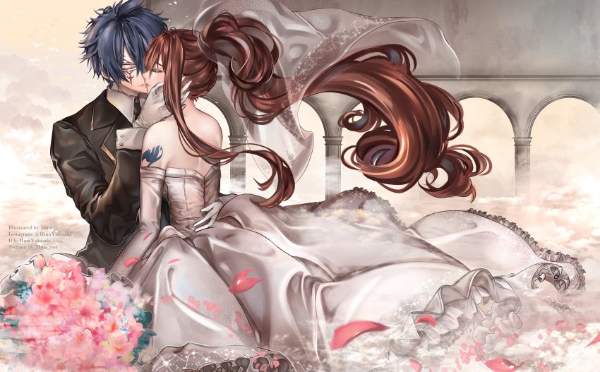 1boy 1girl absurdres arm_tattoo blue_hair bouquet closed_eyes couple dress erza_scarlet facial_mark fairy_tail flower formal gloves hair_between_eyes hand_on_another's_face hetero highres hinayukisaki jellal_fernandes kiss long_hair ponytail red_hair short_hair suit tattoo veil wedding wedding_dress