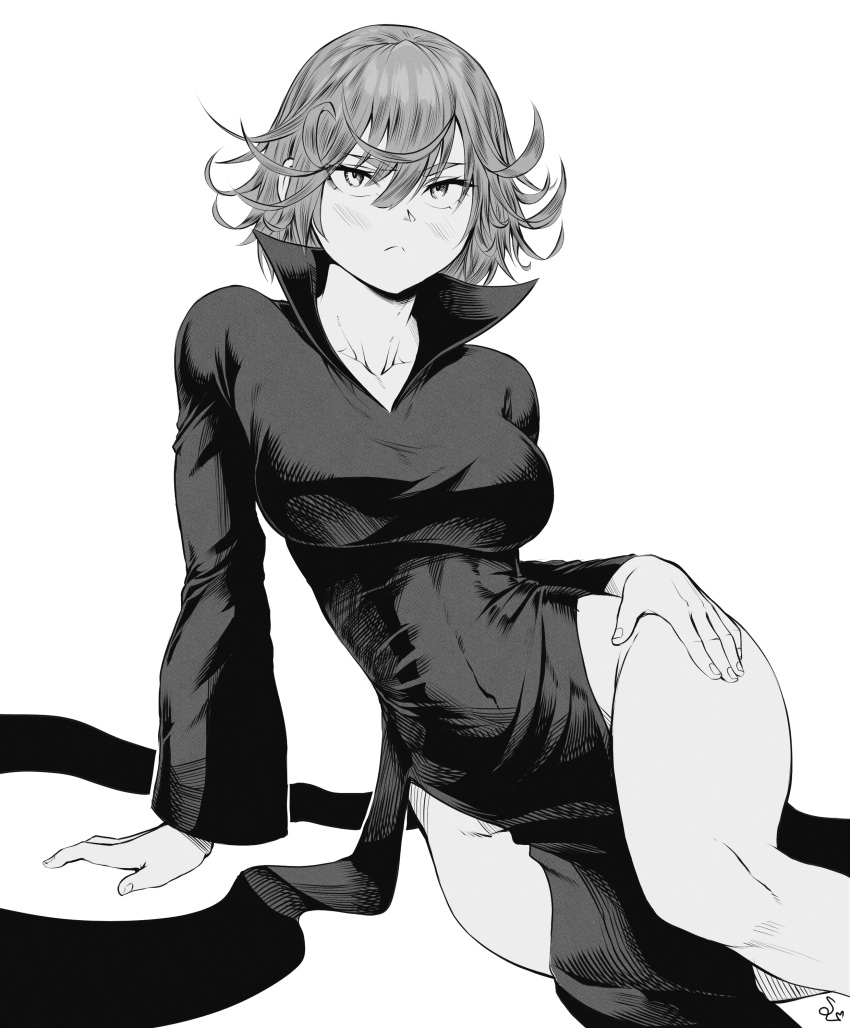 1girl absurdres alternate_breast_size arm_support bangs blush breasts closed_mouth collared_dress curly_hair dress floating floating_rock full_body grey_background greyscale hand_on_own_thigh highres large_breasts looking_at_viewer monochrome no_panties one-punch_man pelvic_curtain short_hair signature simple_background sitting solo speedl00ver tatsumaki thighs