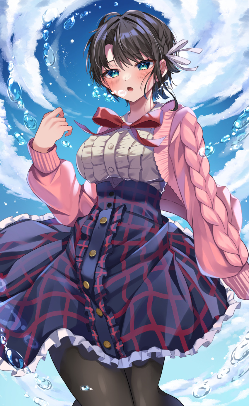 1girl absurdres bangs black_hair blue_eyes blush bow bowtie bubble cardigan center_frills cloud cloudy_sky day frilled_skirt frills high-waist_skirt highres hololive moonbell oozora_subaru open_cardigan open_clothes open_mouth pantyhose pink_cardigan plaid plaid_skirt red_bow red_bowtie shirt short_hair skirt sky solo white_shirt
