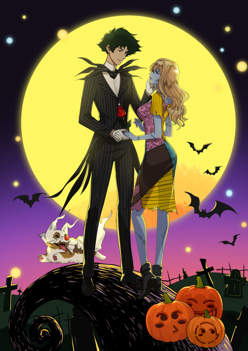 1boy 1girl absurdres bangs blonde_hair blue_eyes brown_eyes cowboy_bebop ein_(cowboy_bebop) flower full_moon graveyard green_hair halloween halloween_costume highres julia_(cowboy_bebop) moon non-web_source nyaco33 pumpkin rose spike_spiegel the_nightmare_before_christmas tombstone