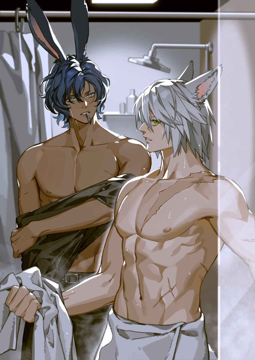 2boys absurdres after_bathing animal_ears avatar_(ff14) bathroom belt belt_buckle blue_eyes blue_hair buckle cat_boy cat_ears collarbone dark-skinned_male dark_skin fan_mu_zhang final_fantasy final_fantasy_xiv green_eyes highres holding holding_towel looking_at_viewer male_focus miqo'te mouth_hold multiple_boys navel nipples pants pectorals rabbit_boy rabbit_ears scar scar_on_arm scar_on_chest scar_on_face scar_on_stomach short_hair shower_head sideways_glance slit_pupils toned toned_male topless_male towel towel_around_waist viera wet white_hair