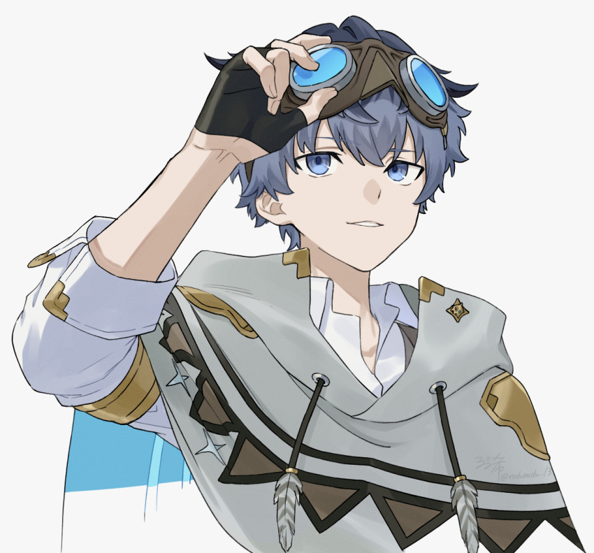 1boy black_gloves blue_eyes blue_hair collared_shirt cropped_torso drawstring fingerless_gloves gloves goggles goggles_around_neck hair_between_eyes hair_flaps hajimari_no_kioku half_gloves hand_on_eyewear light_smile male_focus merck_(astel_leda) open_collar parted_lips poncho rozu_ki shirt short_hair sideways_glance simple_background sleeve_cuffs solo white_background white_shirt